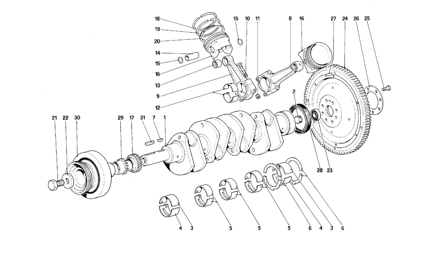 Driving shaft - Connecting rods and pistons - Motor flywheel